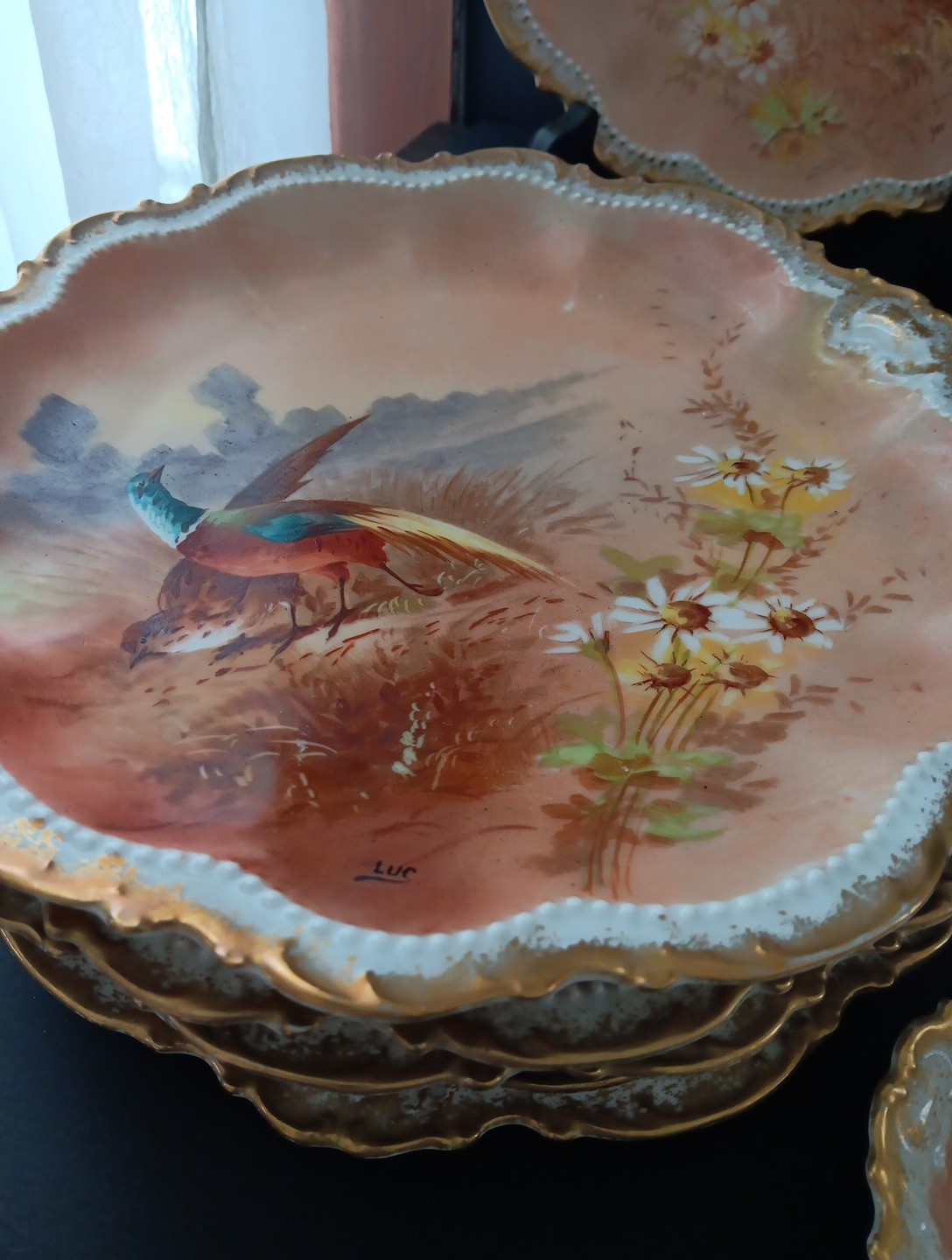 11 Antique 1906 Limoge Game Plate Set Coronet Signed LUC Sauce Bowls HP