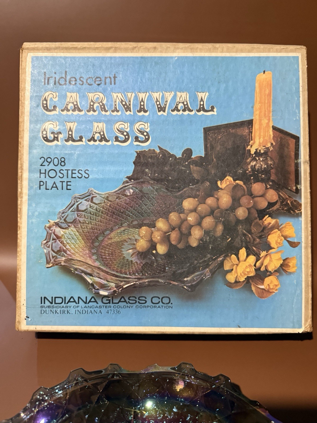 Indiana Glass Co. Diamond Point Blue Iridescent Carnival Hostess Plate