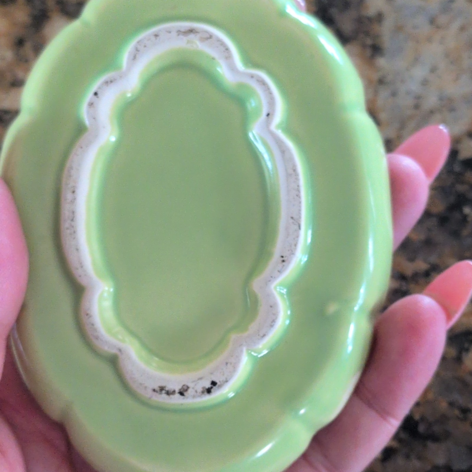 Green Solid Ceramic Oval Scalloped Dishes Set of 2 Glossy 5 x 3.5 in