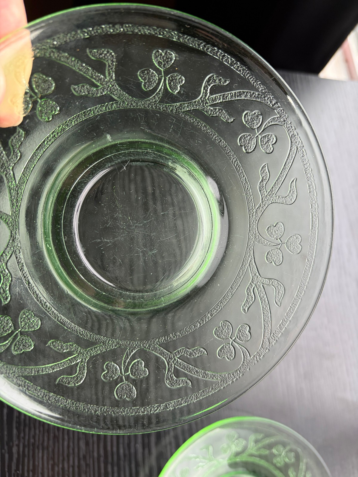 5.75″ Uranium glass plates with floral pattern, set of 2