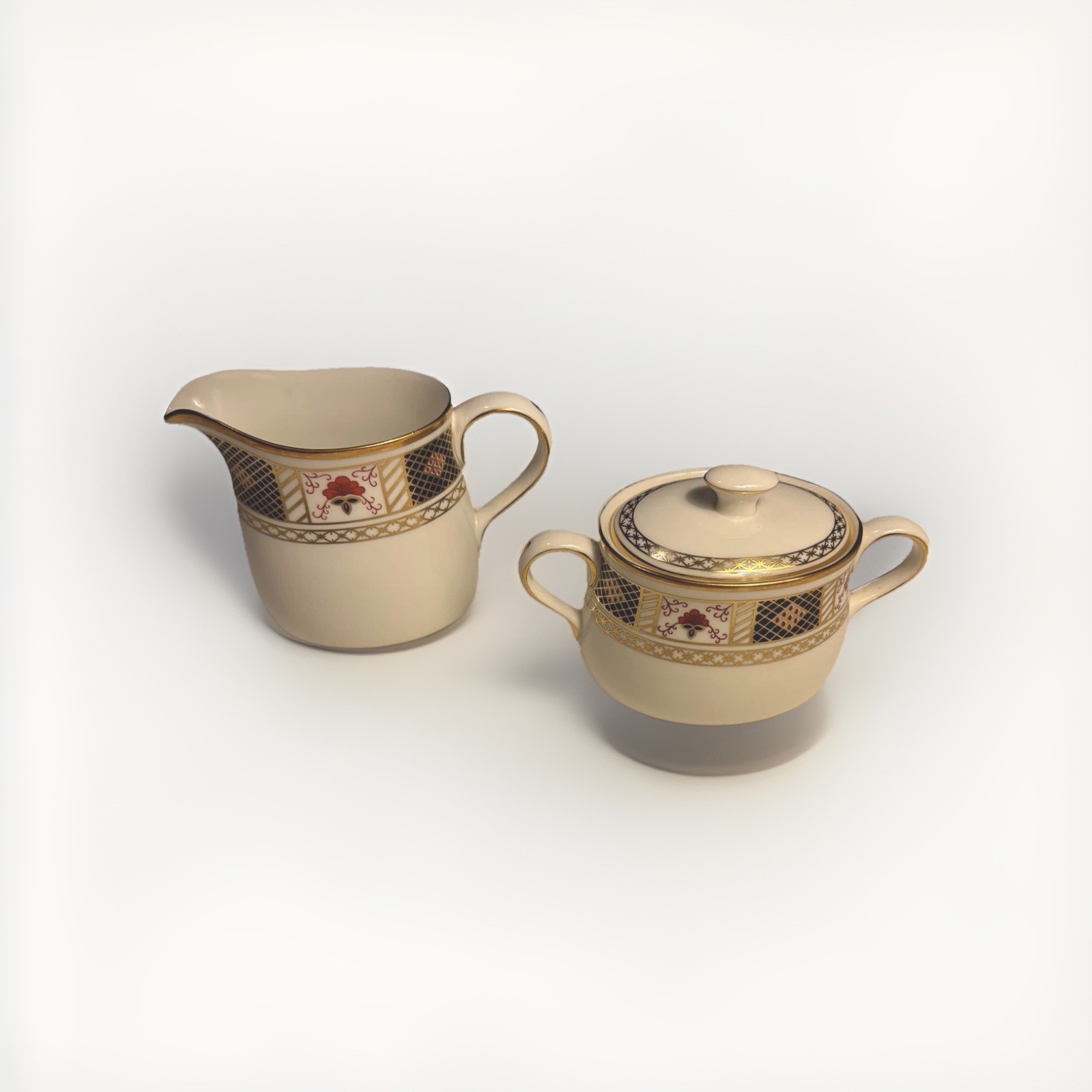 Royal Crown Derby Bordered Covered Sugar Bowl And Creamer