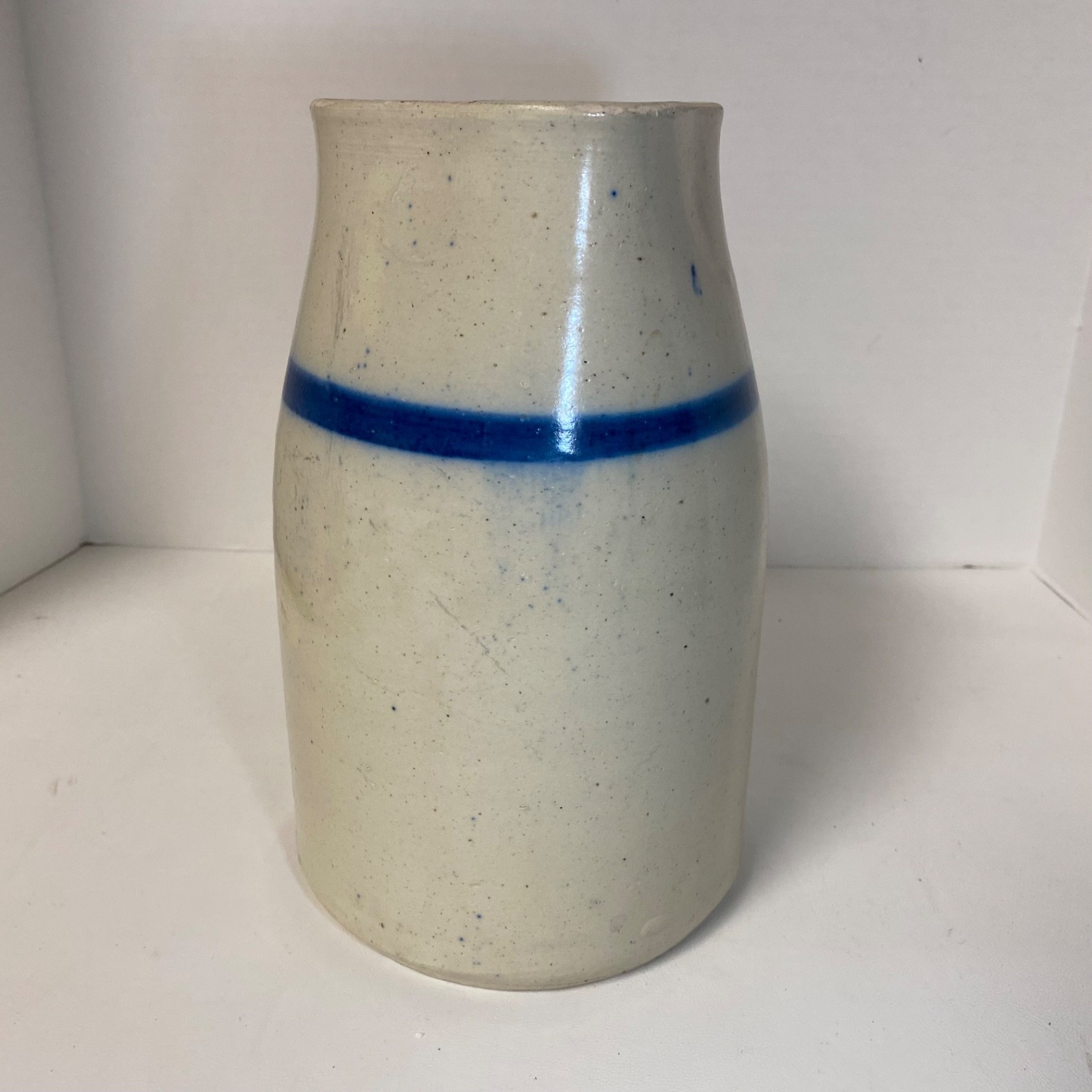 Vintage Primitive Salt Glazed Stoneware Pitcher 10″ Crock Blue Stripe