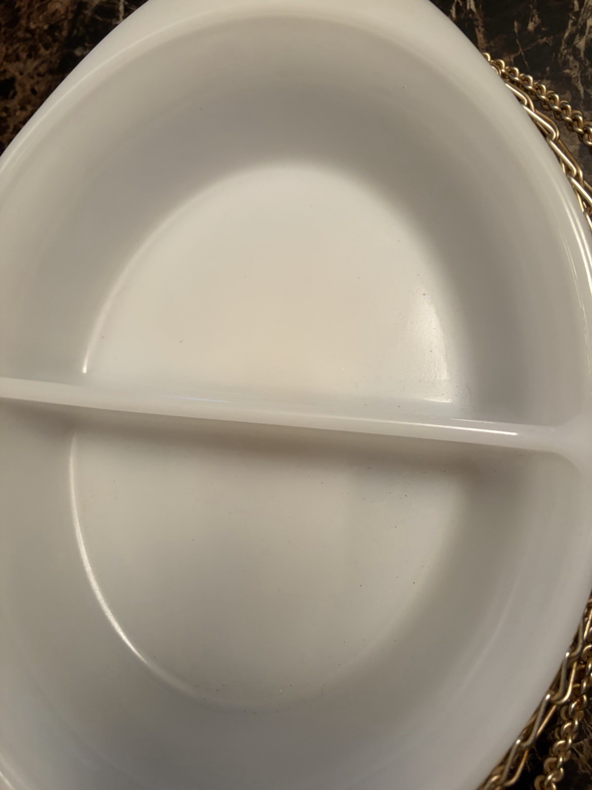 VINTAGE GLASBAKE MILK GLASS OVAL DIVIDED CASSEROLE DISH WITH BASKET HOLDER