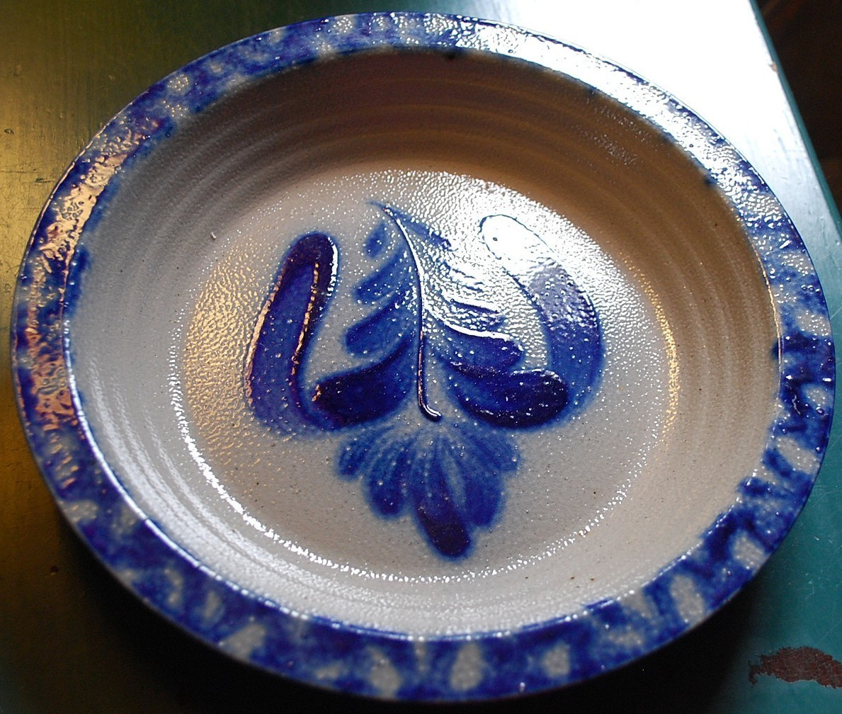 Vtg Studio Handcrafted FOLK ART Pottery Dish/Plate BLUE SALT GLAZE Signed Dated