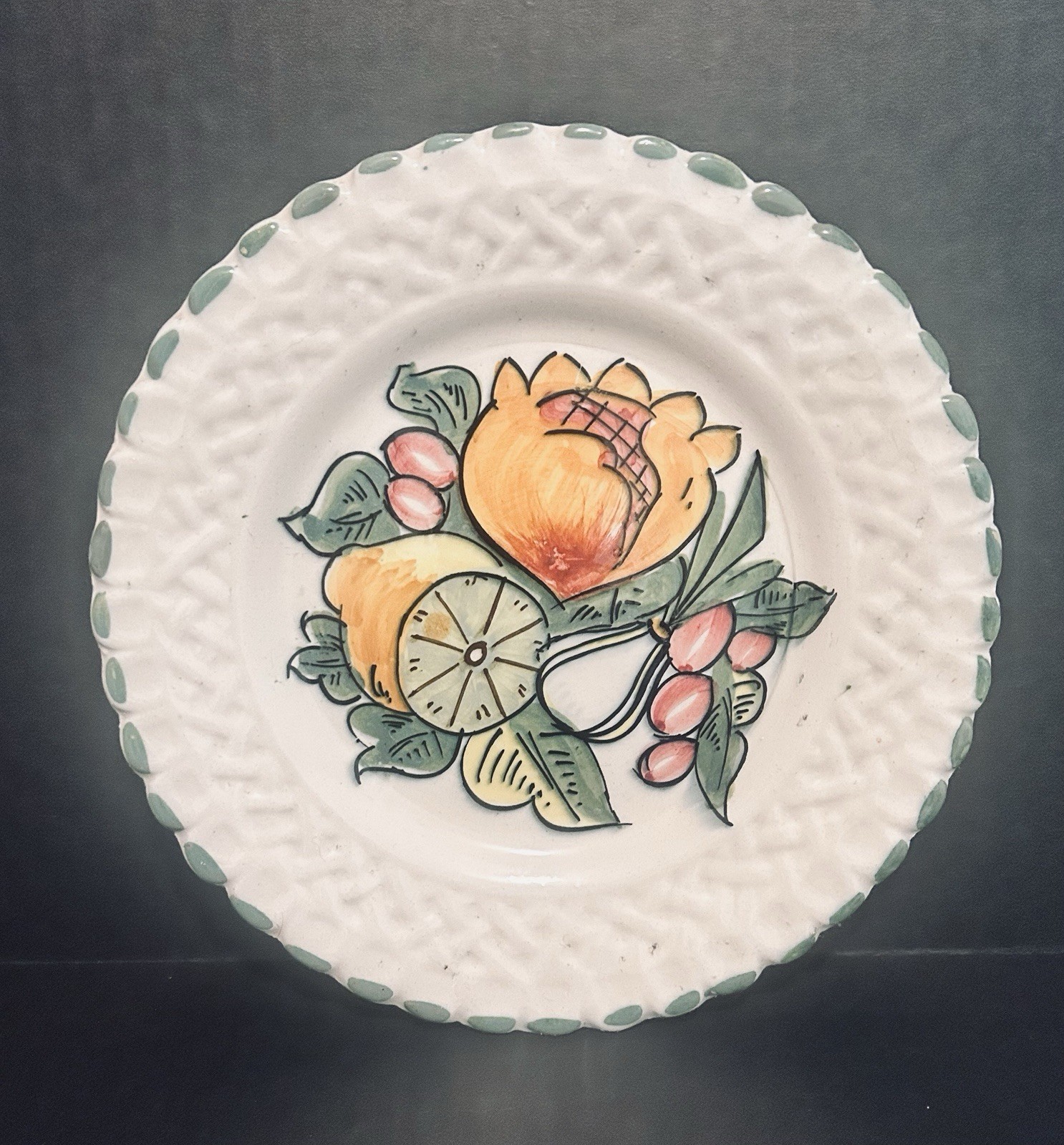 Decorative Fruit Plates With Basket Weave Border, Set Of 2, Made In Italy