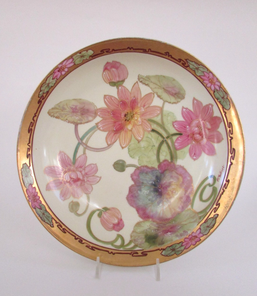 J. P. Limoges France Pickard Pink Lotus Lily Pad Floral Bowl by E. Challinor 10″