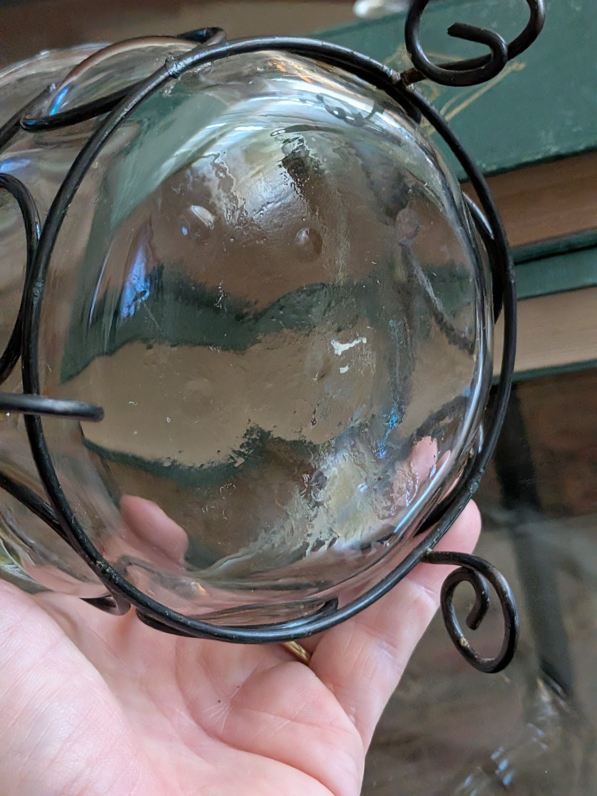 Vtg Blown Bubble Glass & Metal Caged Bowl Studio Welded Metal Frame 90s Art