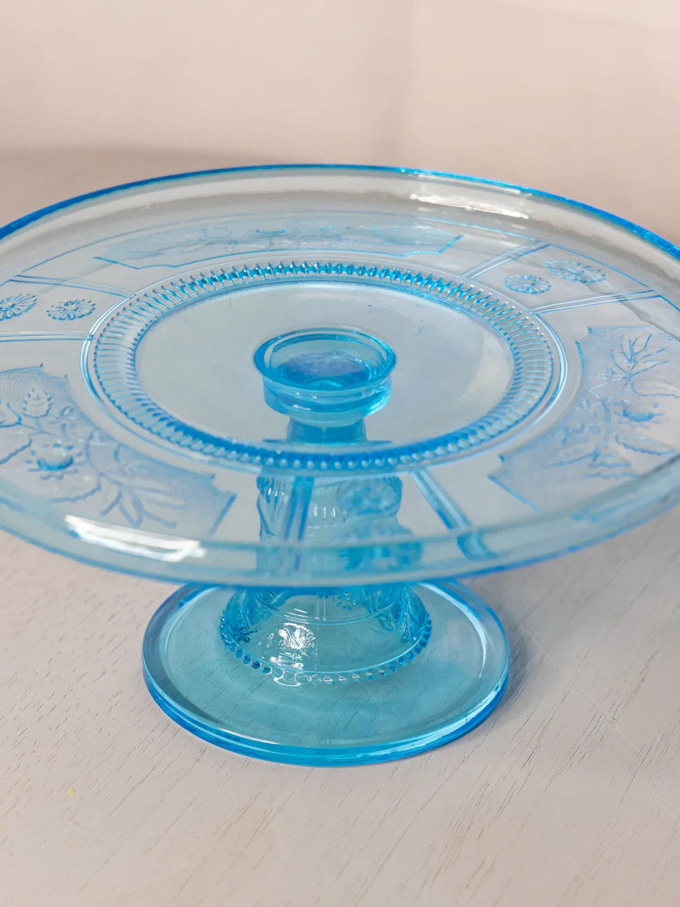 Antique Small Bryce Glass Willow Oak Blue Cake Stand