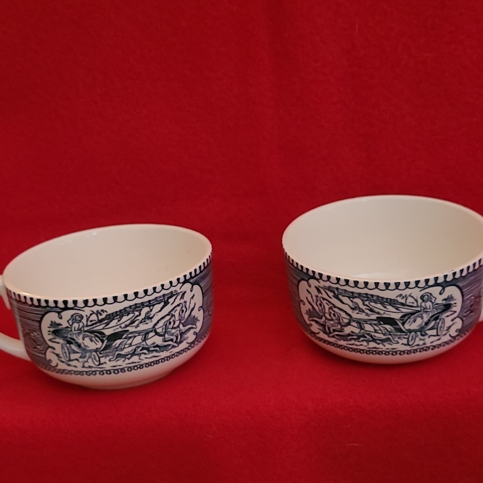 Blue and White Ceramic Pottery Cups Set of 2 Decorated with Handles