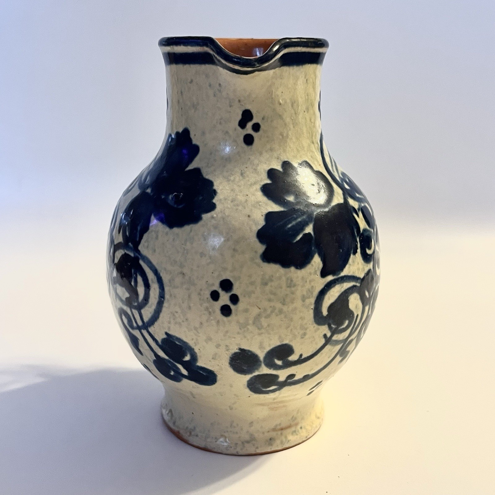 Vtg K Schafer GERMAN Pottery Pitcher Handmade Pale Yellow Cobalt Blue Edenkoben