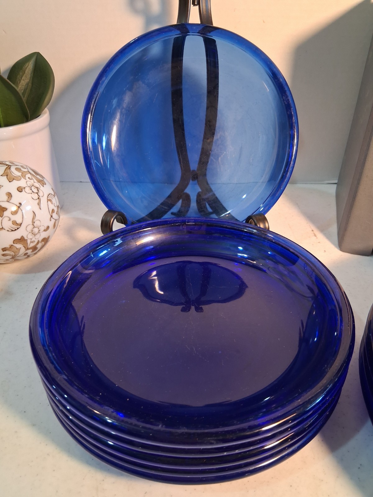 Vintage Arcoroc France Cocoon Cobalt Blue Glass Dinner Plates Set of 6 MCM