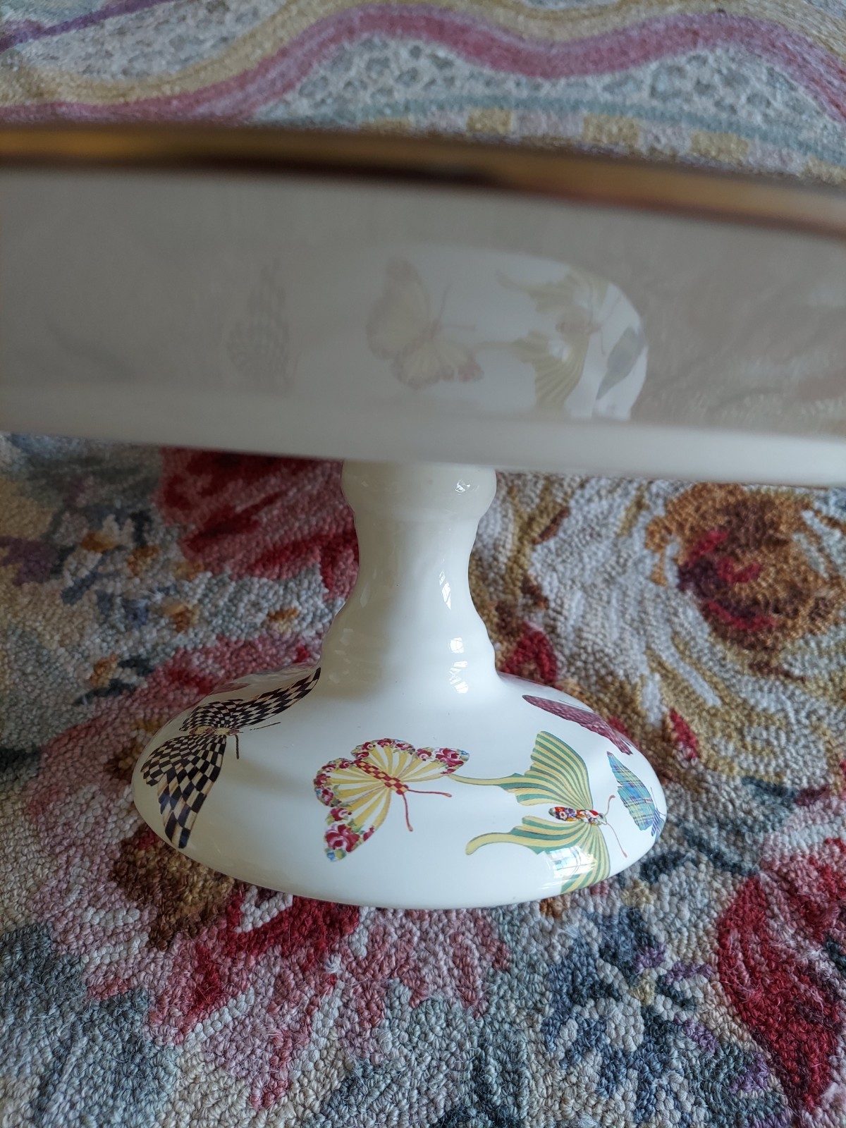 Mackenzie-Childs Butterfly Garden Pedestal Platter With Courtly Check