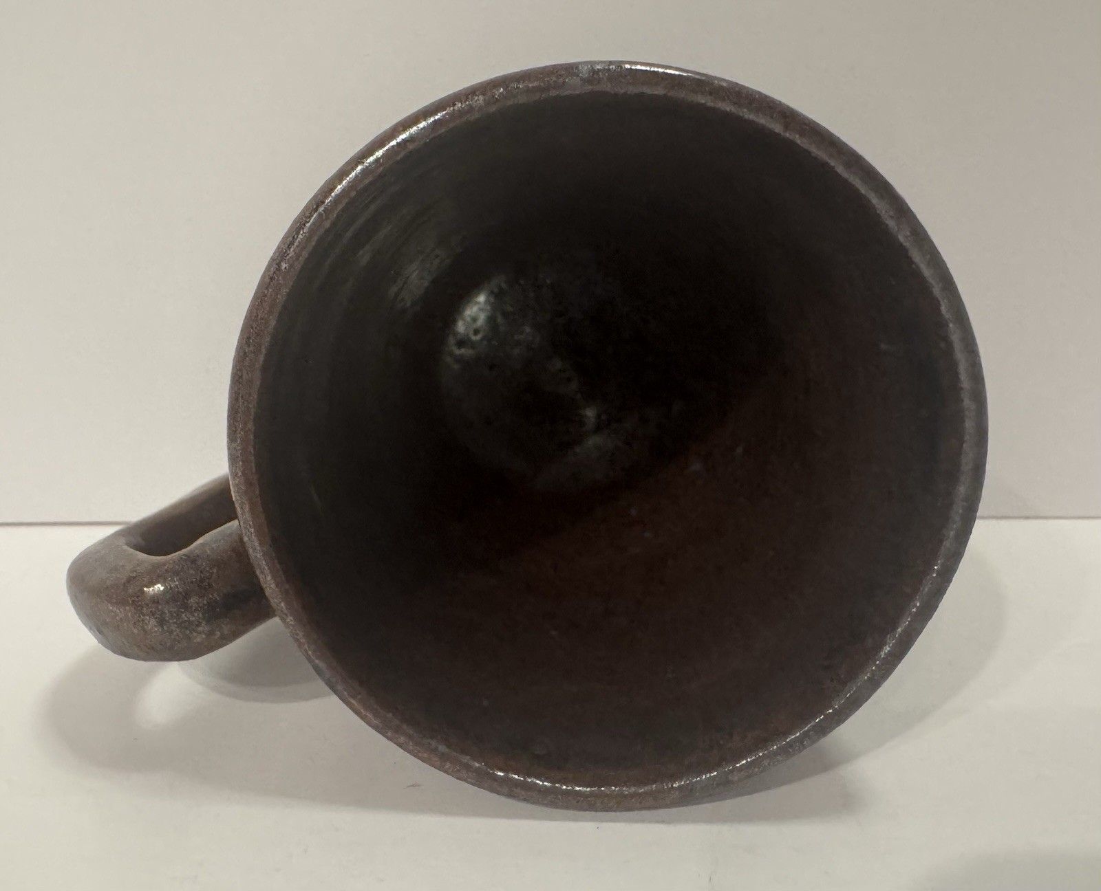 Studio Pottery Hand Thrown Stoneware Mug, Able Drip Glaze, Signed “L” 3-2017