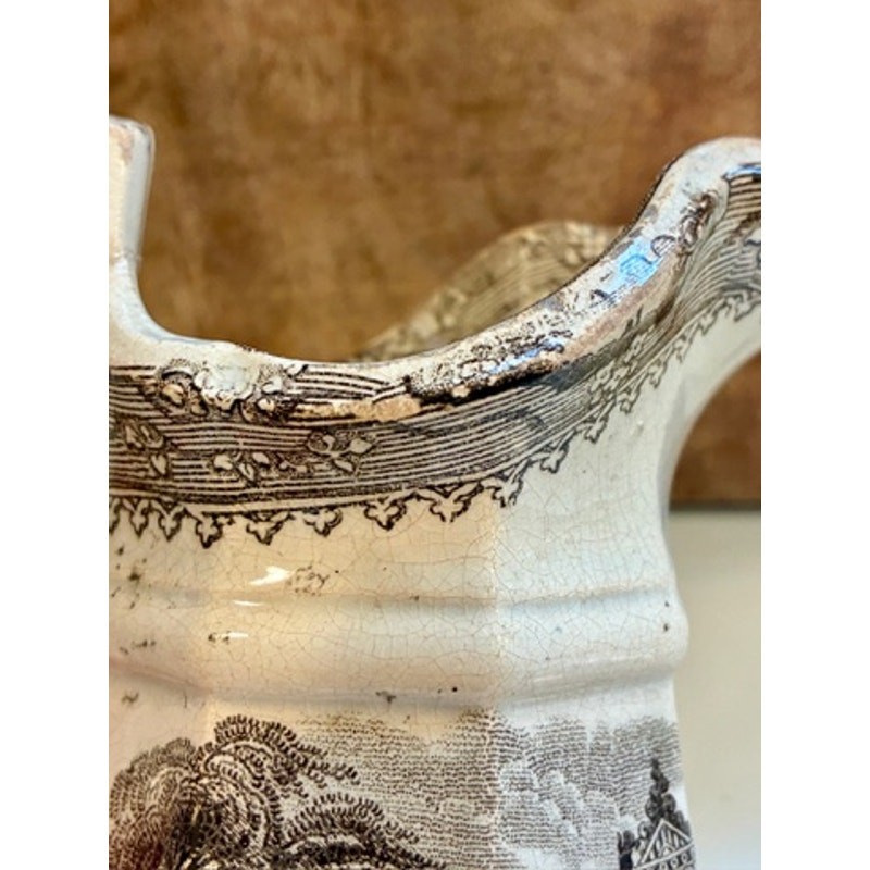 Antique Victorian Brown Transferware Octagonal Pitcher Chinoiserie 6”