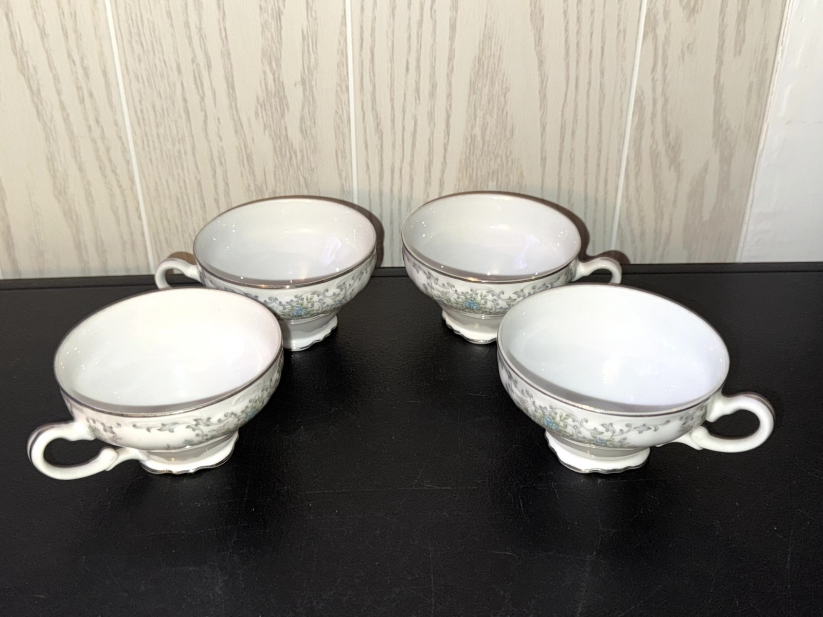VINTAGE 8 pc NORLEANS THERESA JAPAN 4 CUPS 4 SAUCERS FINE CHINA PLATINUM 1964-