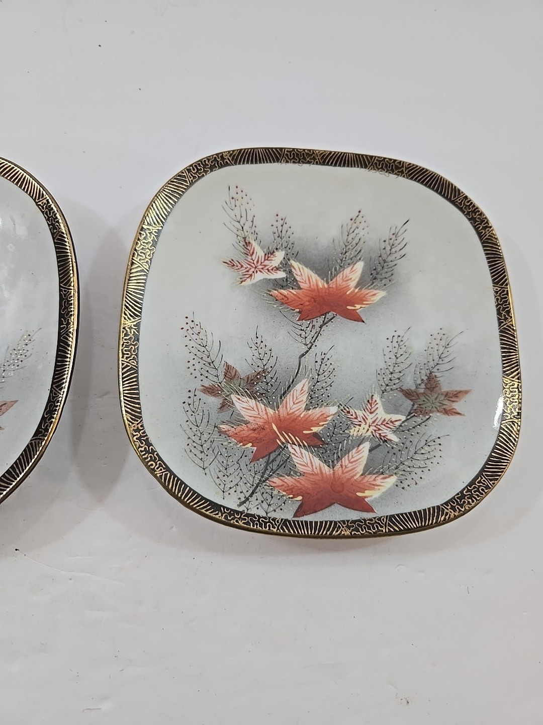 2 Vintage 5″ Square Plates w/ Wall Hangers Hand Painted Orange Leaves Gold Trim