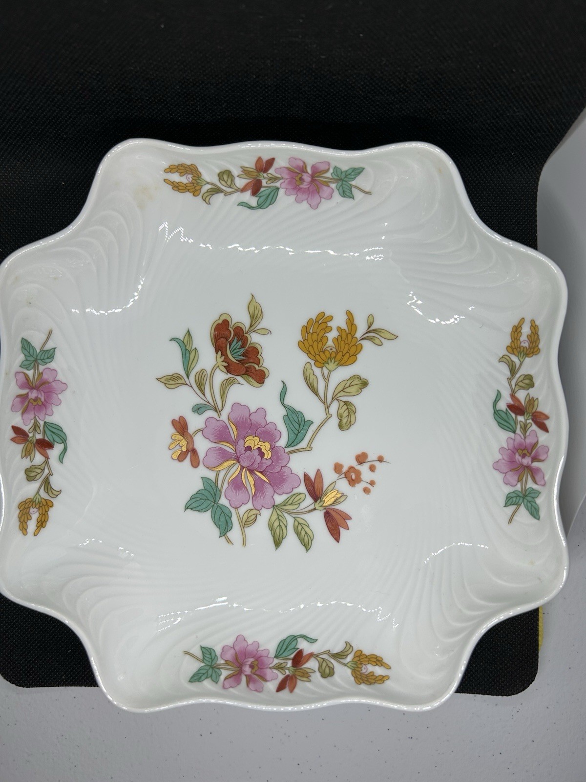 Limoges France Floral Porcelain Square Bowl White Pink Green Gold Glossy