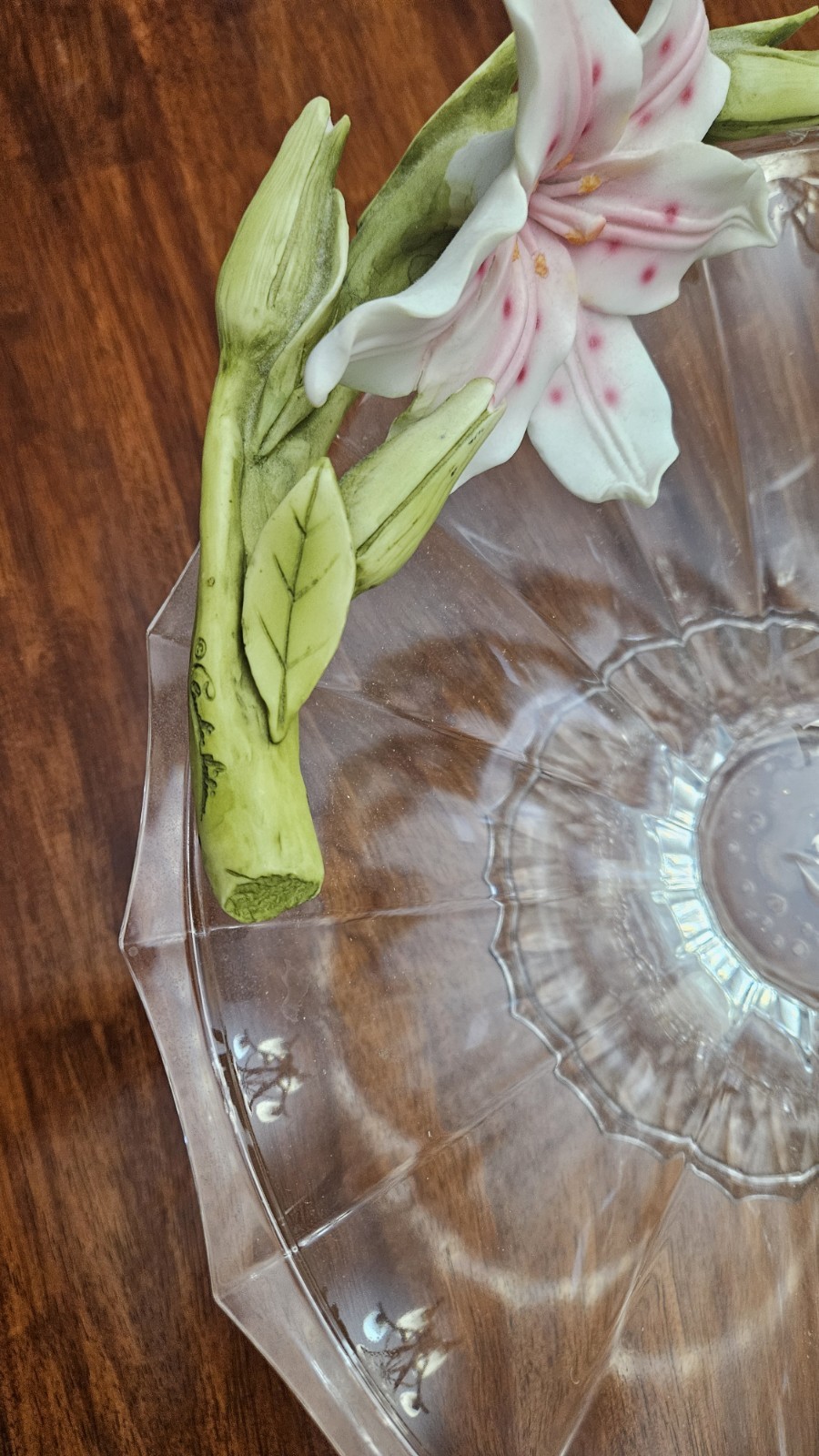 Vintage Floral Centerpiece Glass Pedestal Bowl & Matching Porcelain Lily Candle
