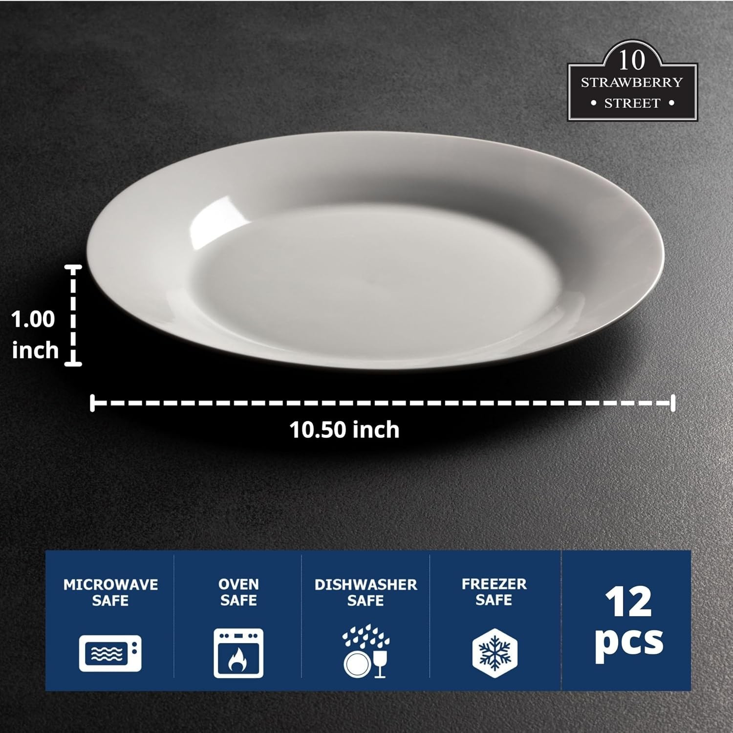 Timeless Ceramic Dinnerware: Set of 12 10.5″ Round White Plates for Home Dining