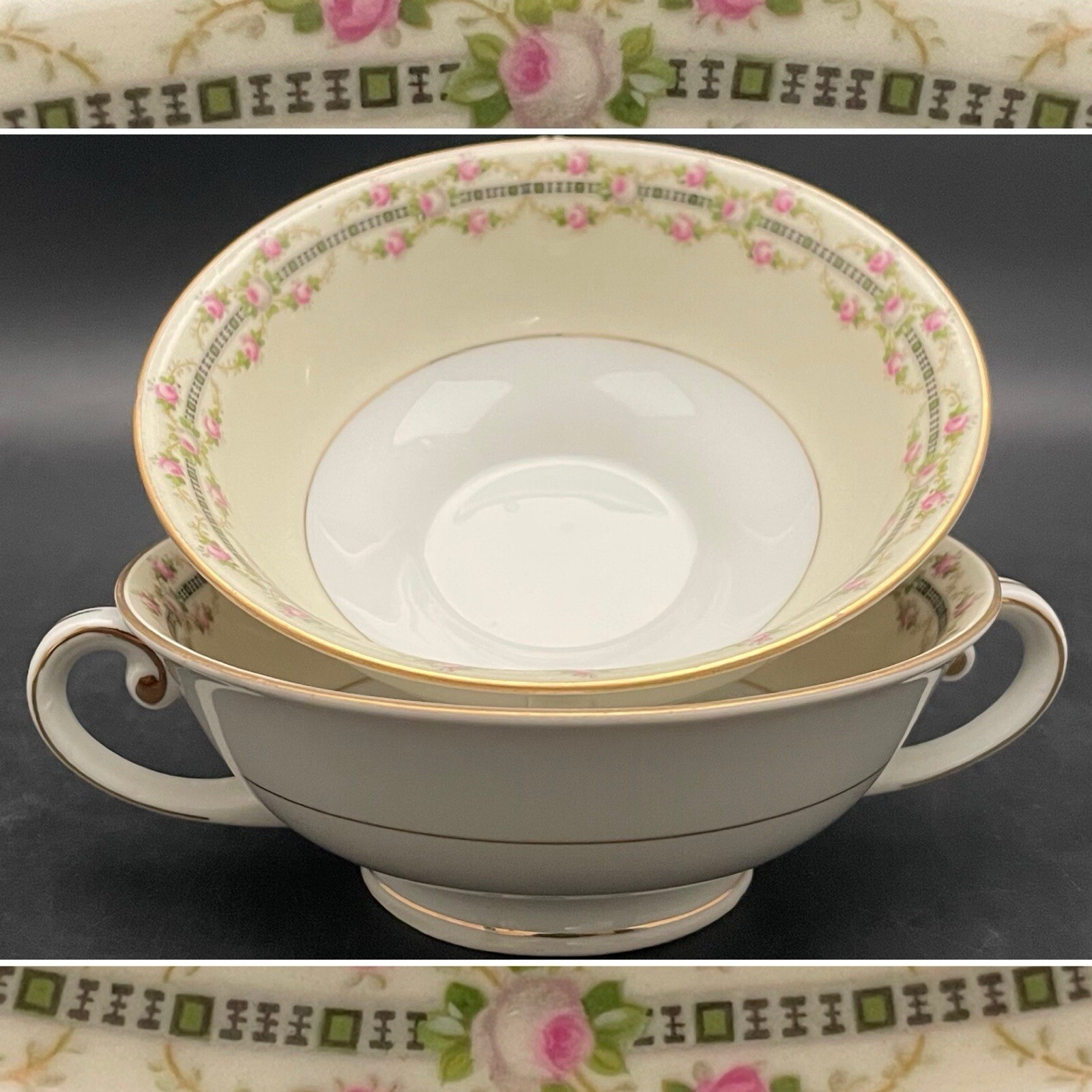 HW Crown Bohemian Rose Vines Handled Soup Cups 2pc Set Czechoslovakia 5″dia