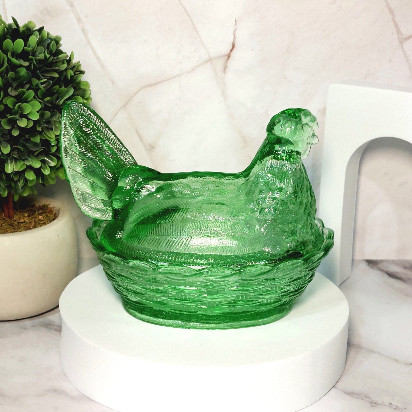 Hen on Nest Chicken Green Depression Style Glass Candy Dish, Vintage Style Decor
