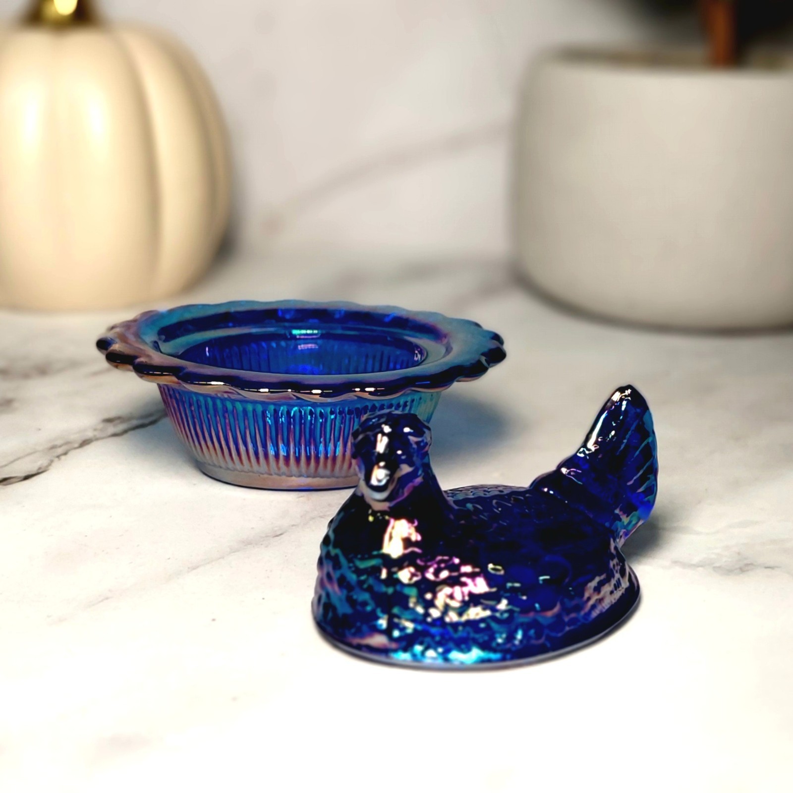 Mosser Cobalt Blue Carnival Glass Hen on Nest Salt Dish, Mini Chicken, VTG Style
