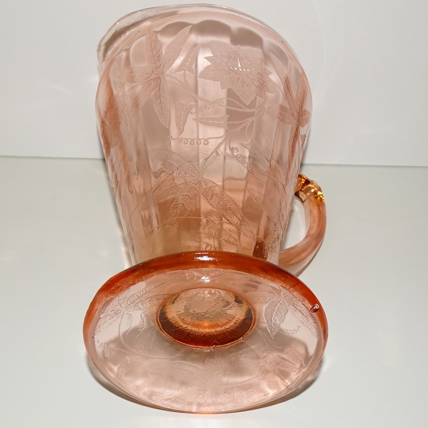 1931 Jeannette 7.75in Poinsettia Pink Depression Glass Footed Cone Pitcher 32oz