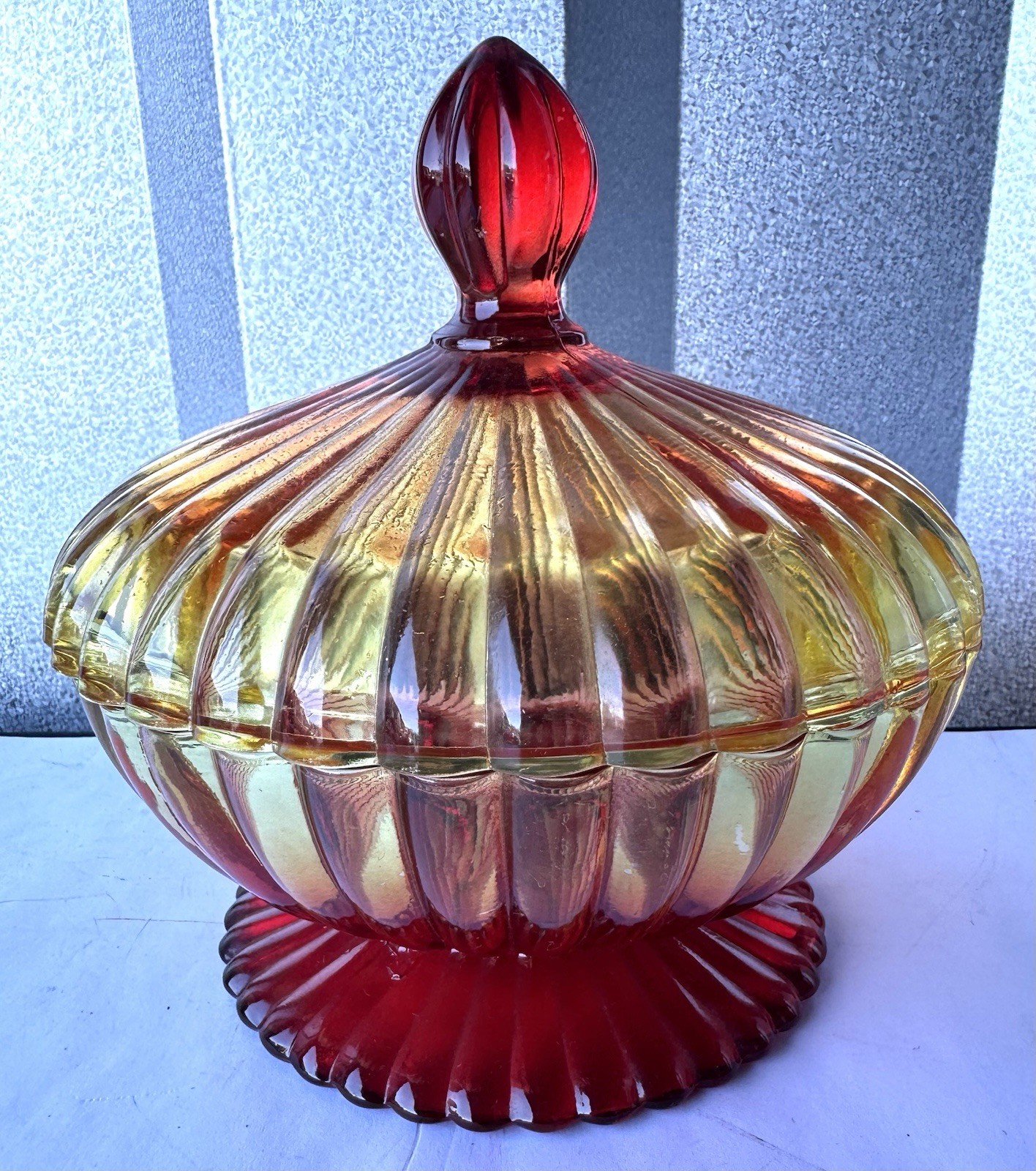 Vintage Amberina Glass Covered Candy Dish Pedestal Compote Ribbed Server Dish