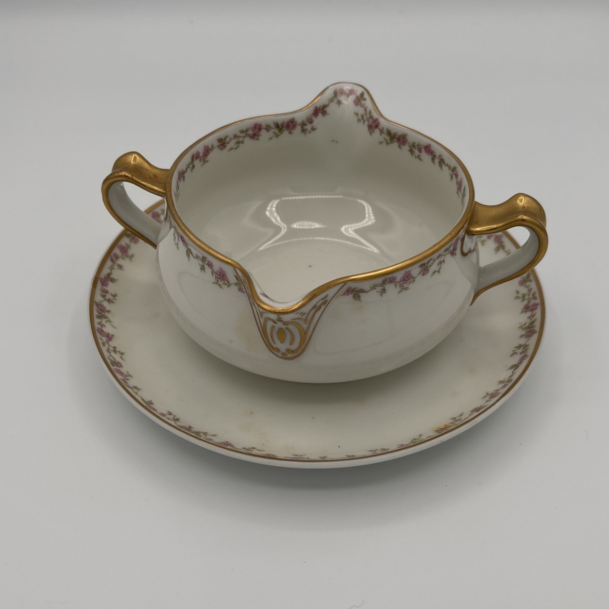 Haviland Limoges Gold Rim Double Spout Sauce Dish White & Gold With Underplate
