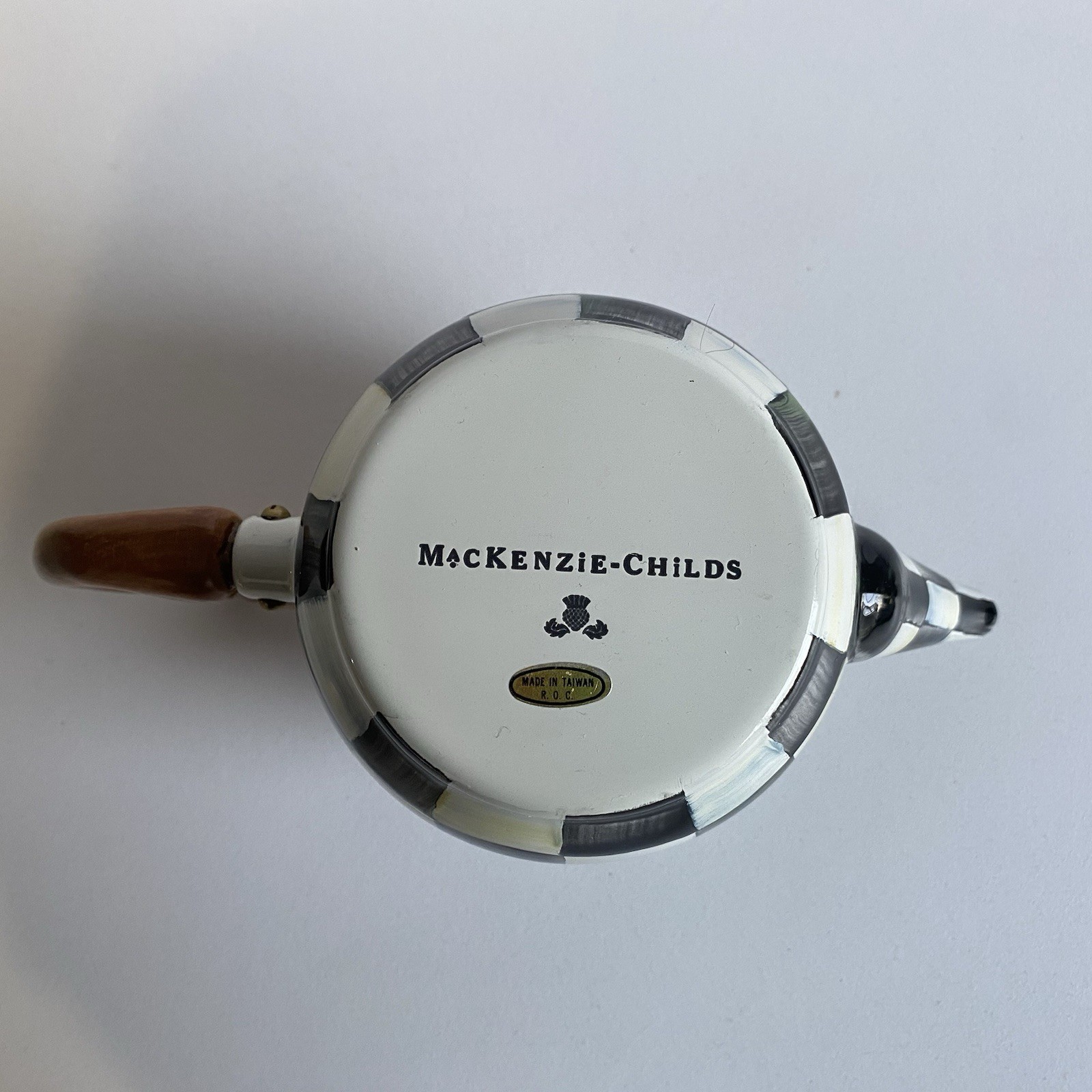 MacKenzie-Childs Vintage Courtly Check Enamel Creamer with Wooden Handle