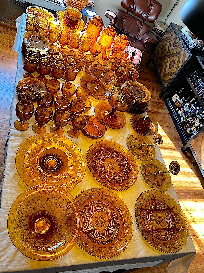 Vintage Tiara Exclusives Amber Victorian Sandwich Glass Footed Goblets w/Handles