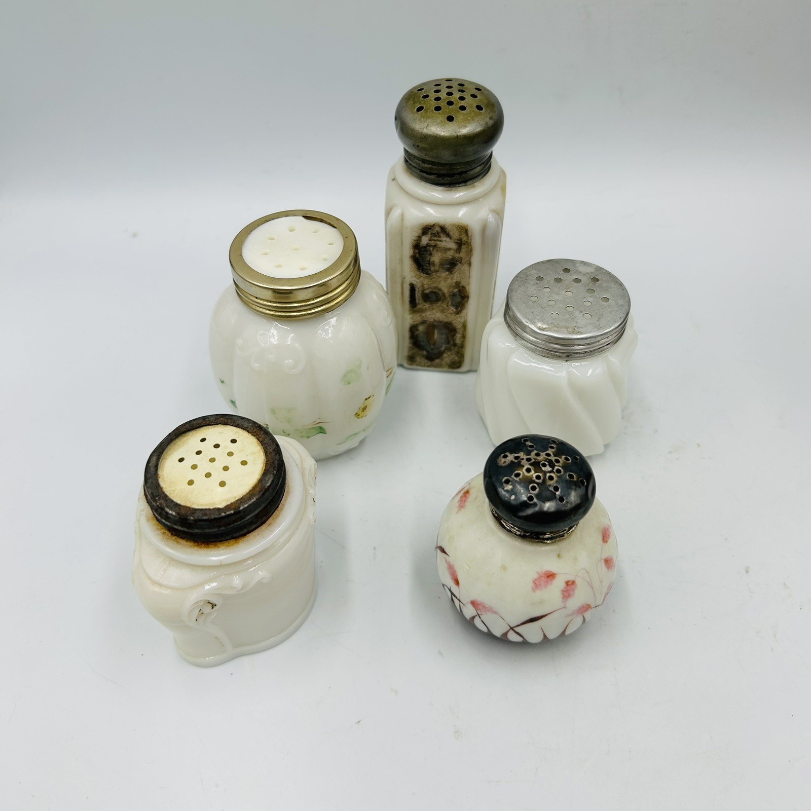 5 Antique Eapg Milk Glass Mixed Lot Salt Shakers