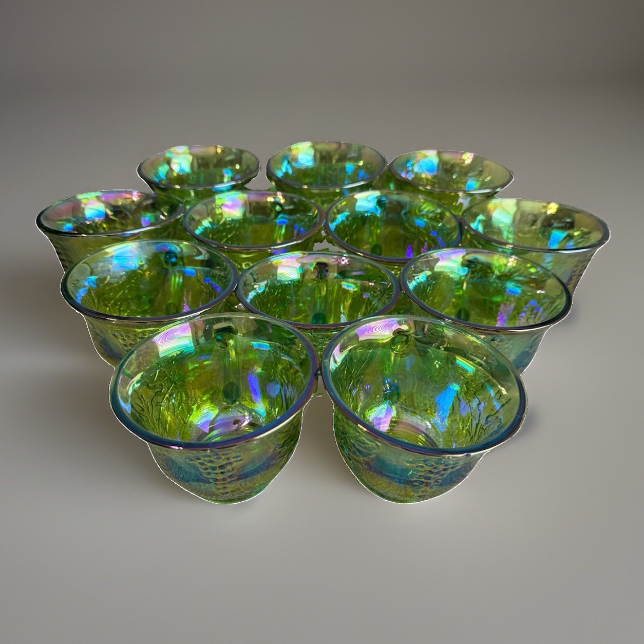 Vintage Indiana Glass Green Carnival Harvest Grape Punch Bowl 12 Cups 9 Hooks