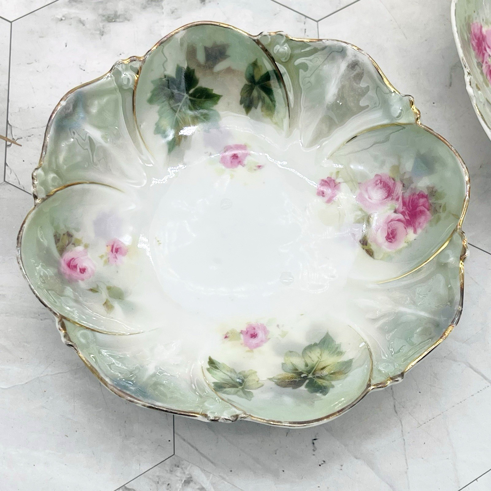 Lot of 6 Antique Signed R S Prussia Floral Berry Bowls Green Gold Rim Roses 5″