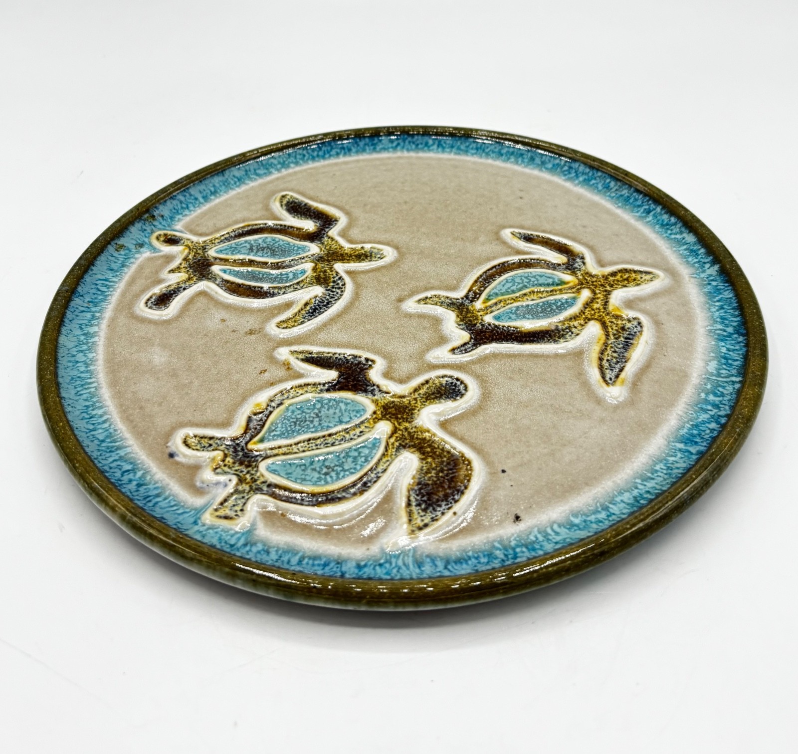 Turtle Art Pottey 8” Plate Blue Carved Sea Turtles by Eric Hertz Signed