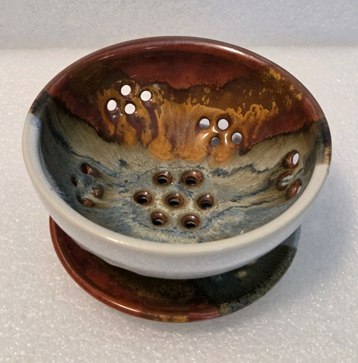 Hand Thrown Pottery Earth Tones Colander Berry Bowl Strainer & Under Plate 5.5″