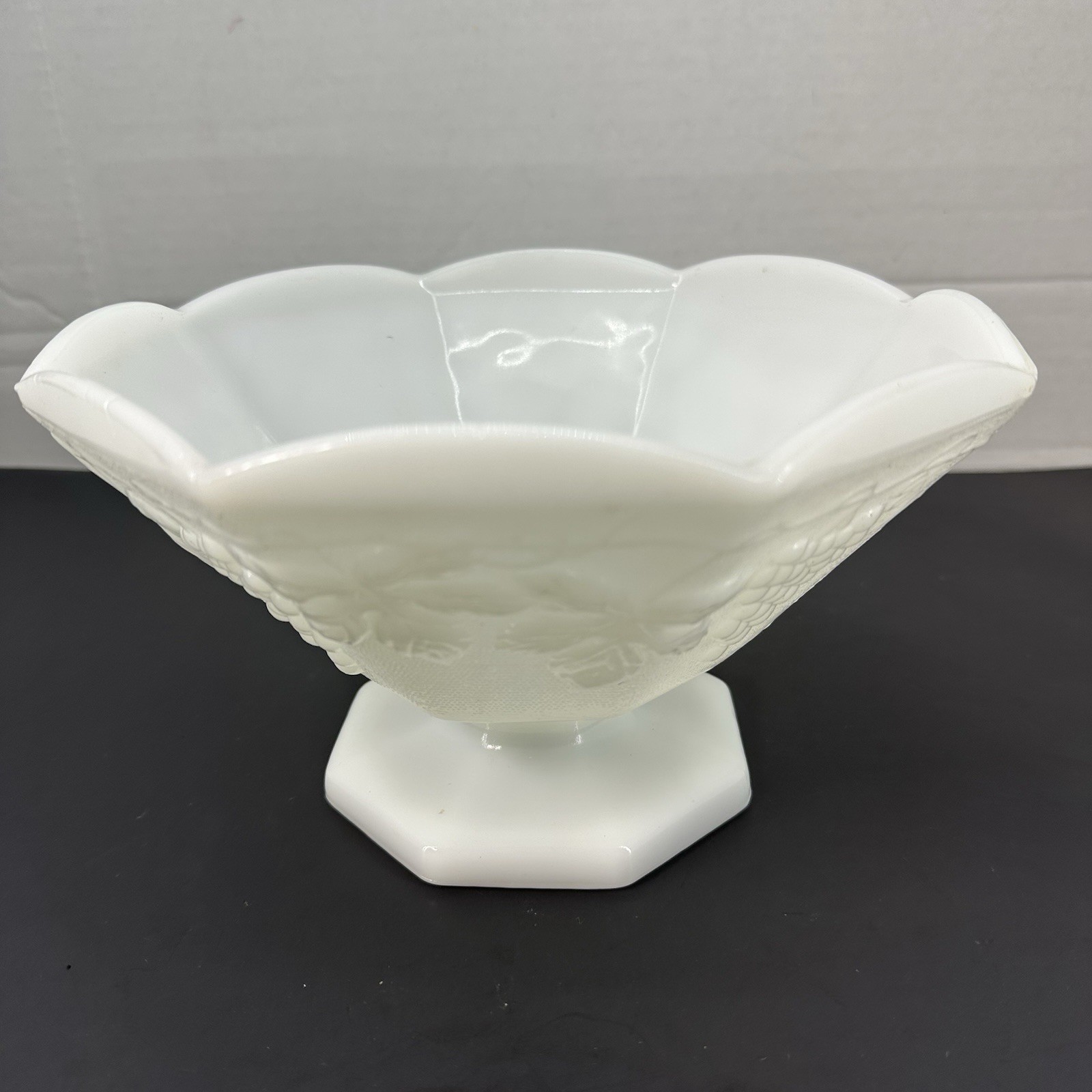 Milk Glass Grapes and Leaves Footed Pedestal Fruit Bowl Octagon 9″