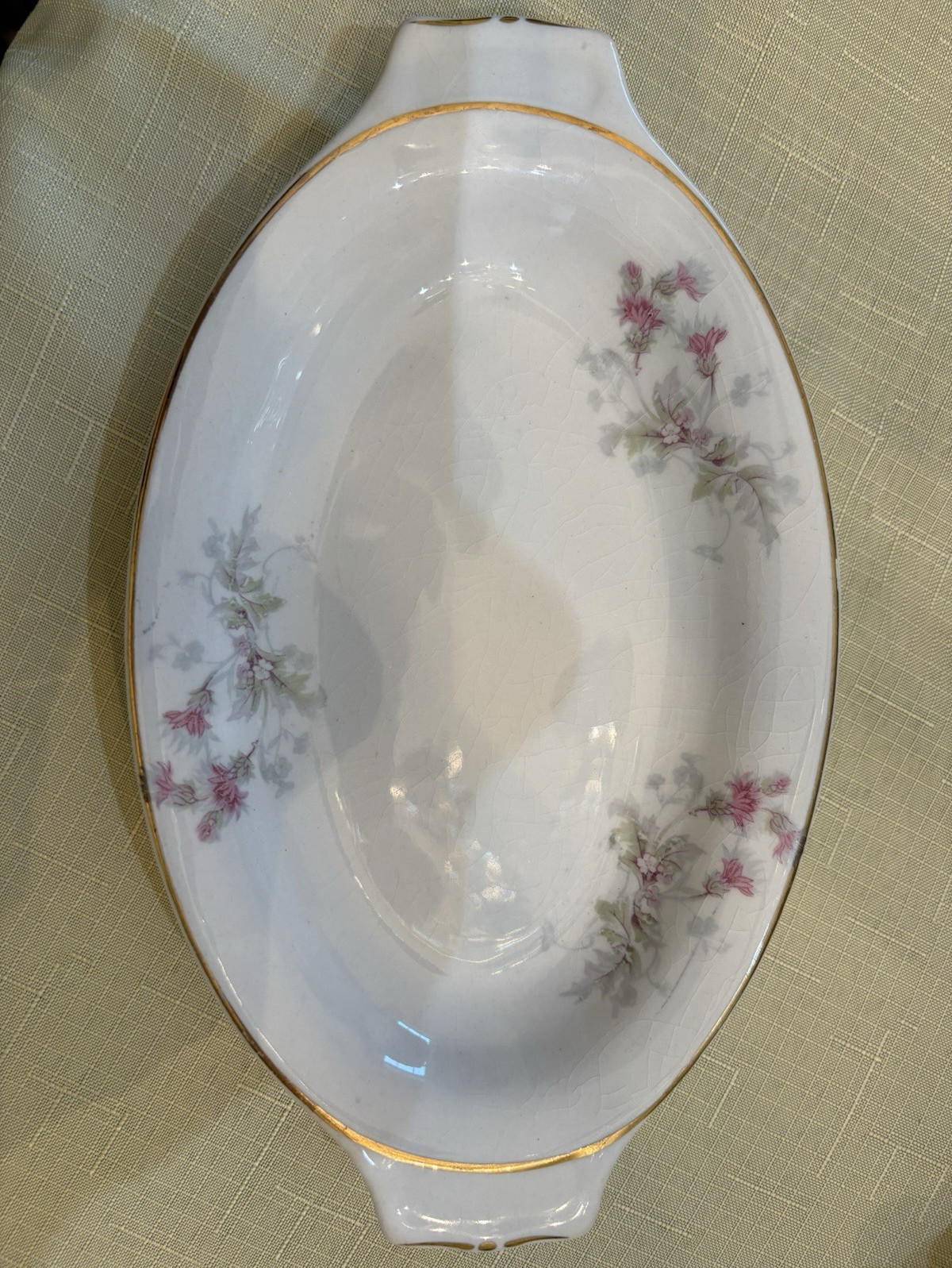 Oval Porcelain Serving Dish Floral Pattern Gold Trim White Pink Green Glossy