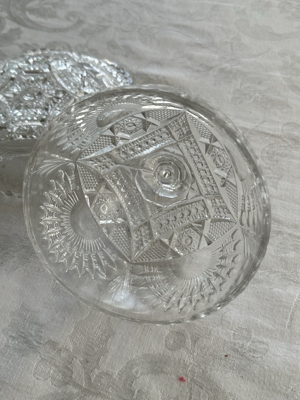 Antique US Glass Co. Rising Sun Clear Lead Crystal Glass Round Covered Butter