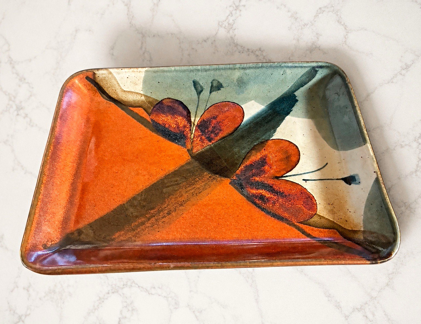 Signed Studio Pottery Ceramic Tray Abstract Floral Orange Green Trinket Dish