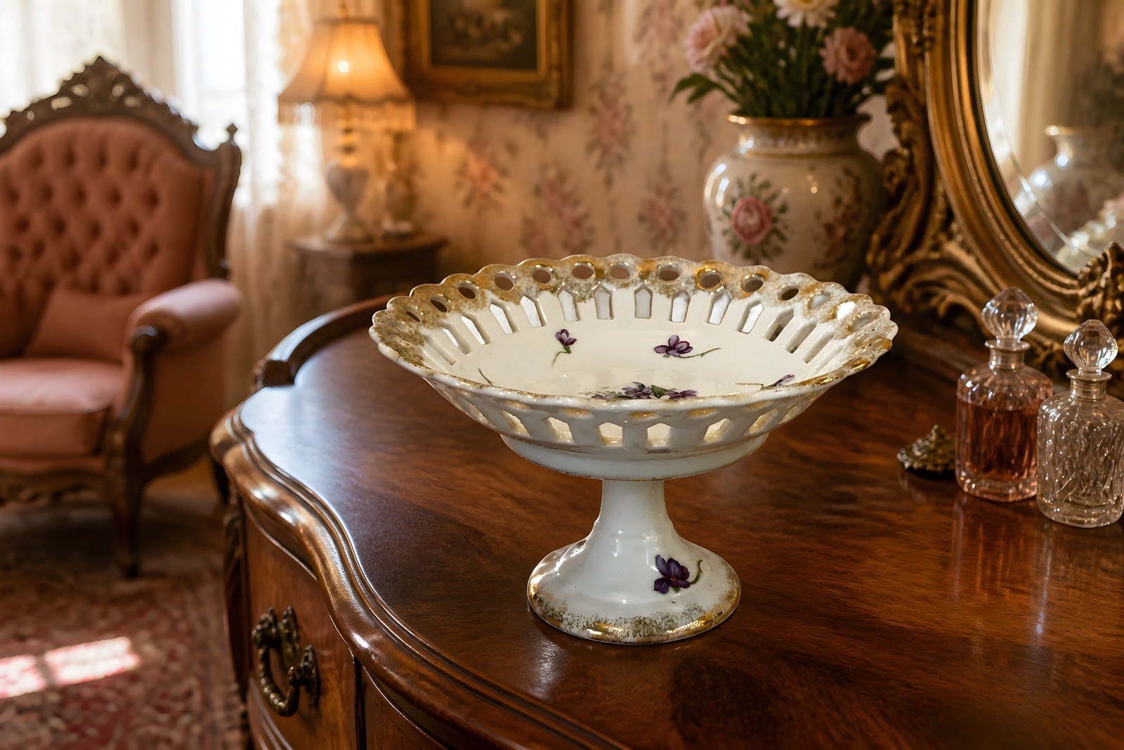 Vintage hand-painted porcelain reticulated pedestal compote dish 4.5” Tall