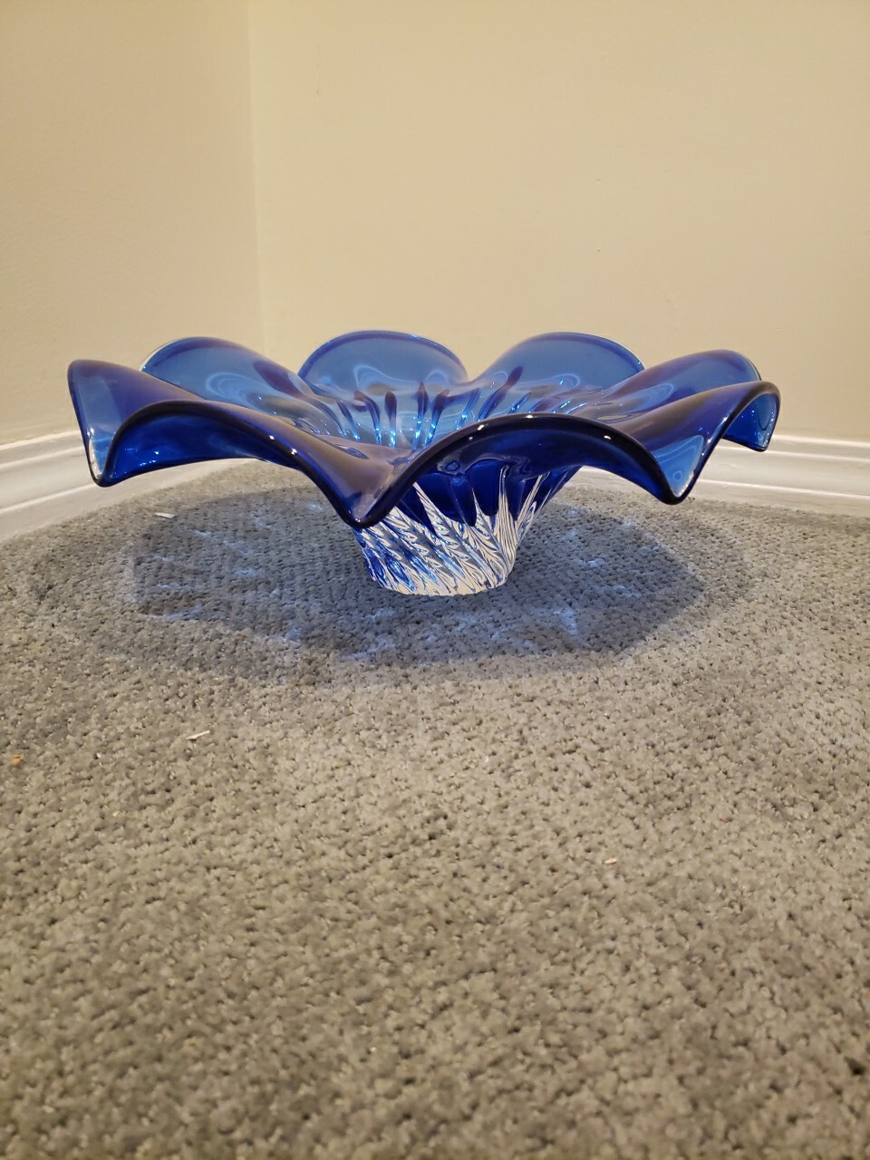 Murano Cobalt Blue Glass bowl Twisted @ Fluted 14inch 5 1/2high 9 pounds 8 sided
