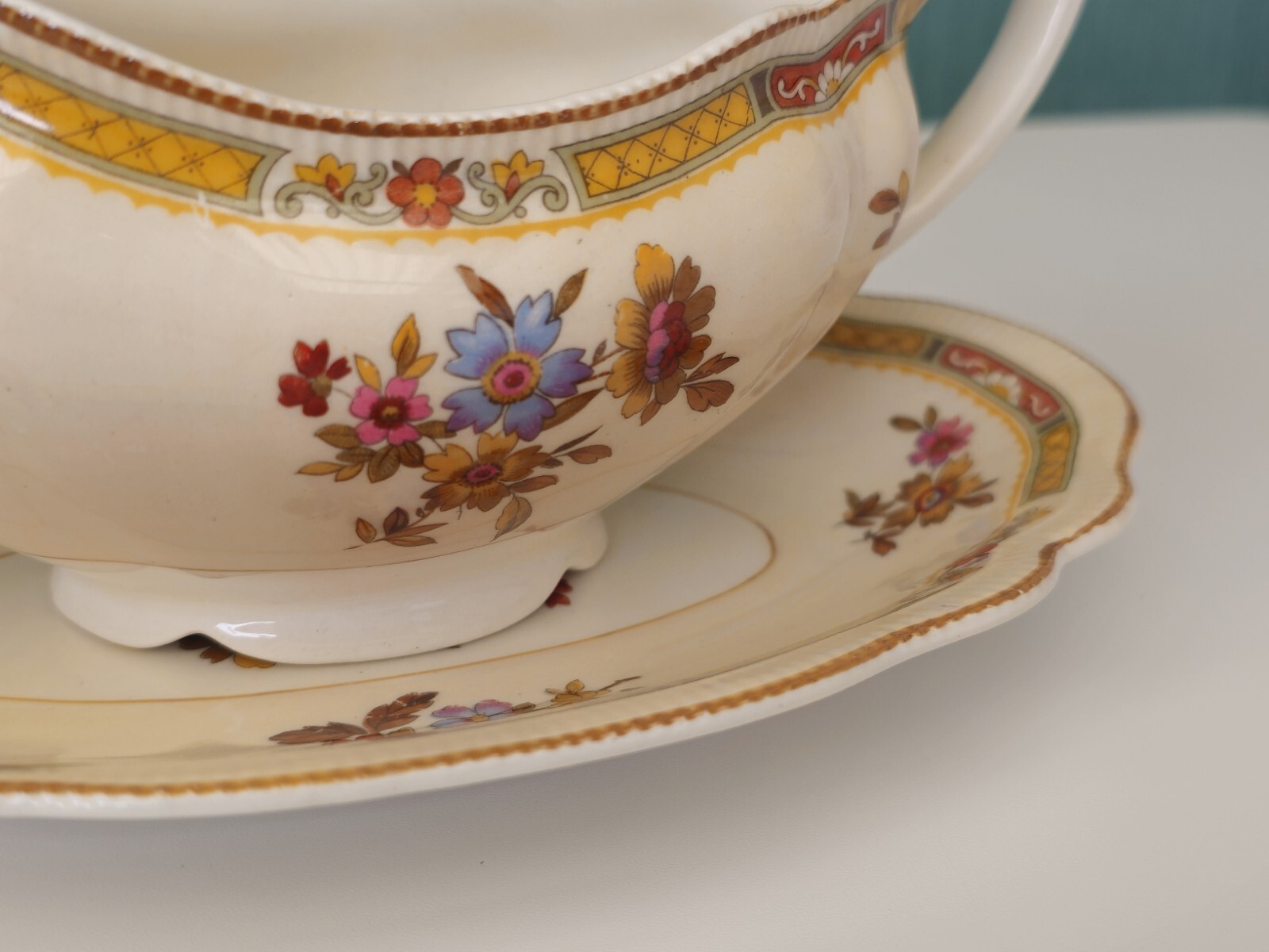 Gravy Boat & Plate Old Staffordshire Pareek Rouen By Johnson Bros 1920s Antique