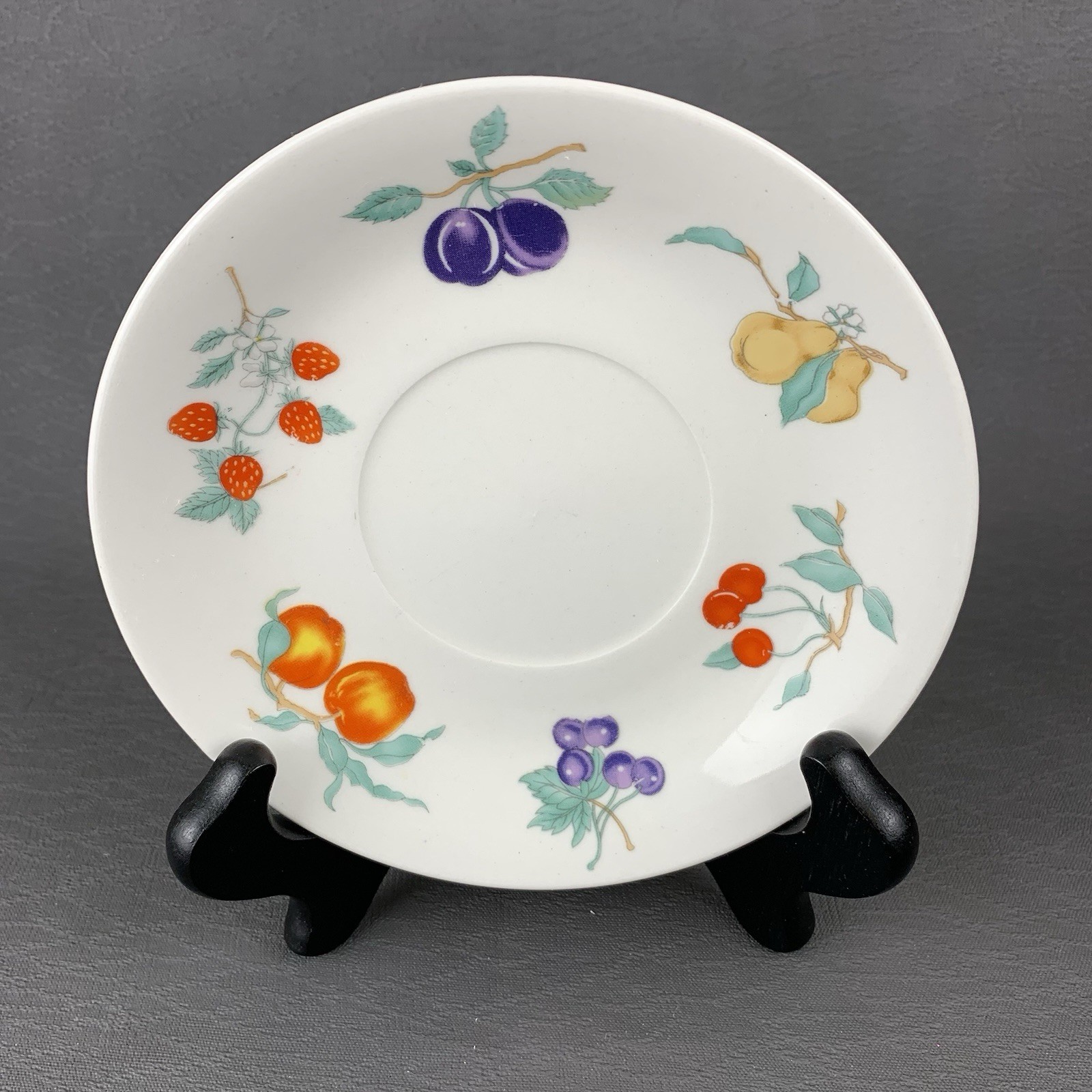2 Tabletops Unlimited Dulcie Saucers w Colorful Fruit and Leaves Replacements