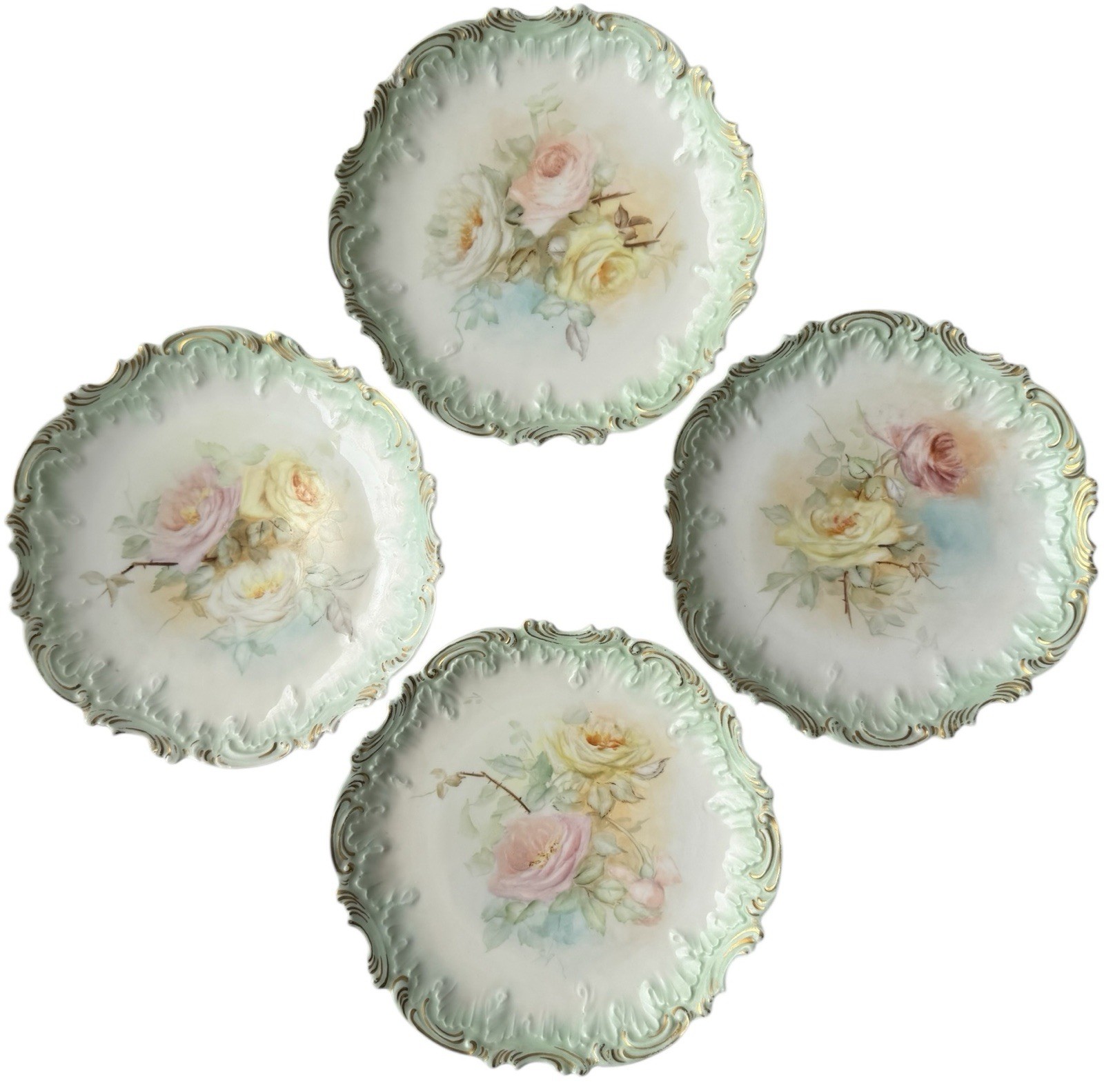 Antique Limoges France Plate Set 4 Hand Painted 1899 Scalloped Embossed Floral