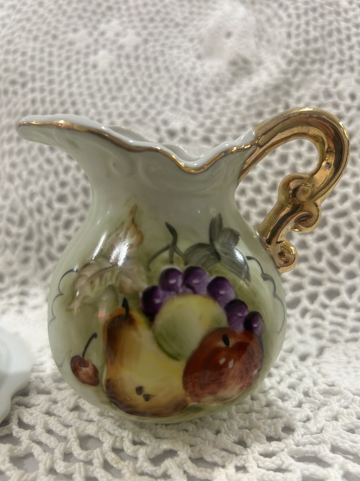 Hand Painted Porcelain Miniature Pitcher & Basin Set Gold Trim Fruit Pattern