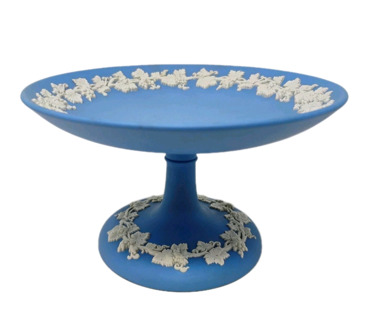 VTG Wedgwood Blue Jasperware Pedestal Compote Candy Dish Trinket Grapevine 6″D