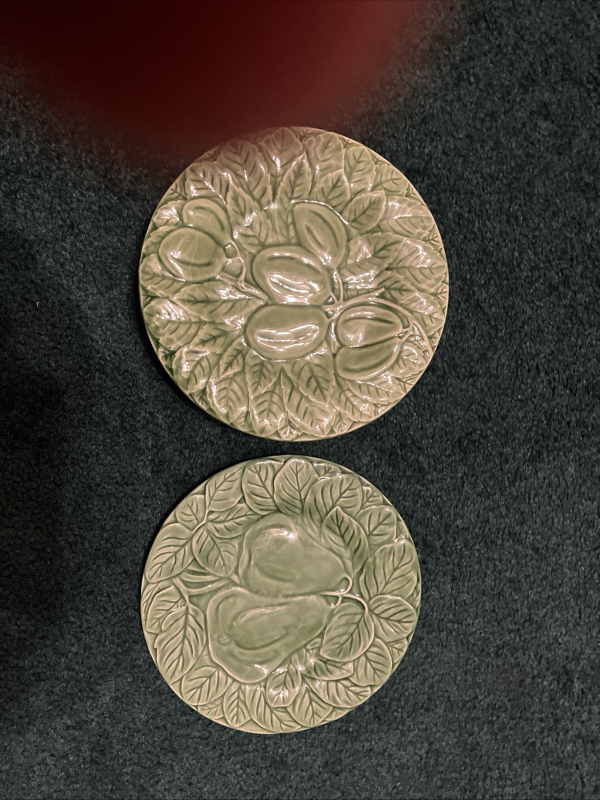 Vintage Bordallo Pinheiro 6 Majolica Green Assorted Fruit Plates 7.75” Portugal