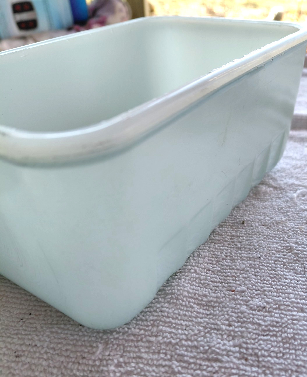 vintage turquoise glasbake refrigerator dish 6”