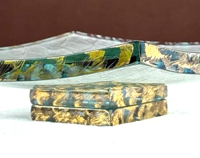 SIGNED! Vtg 1988 AnnieGlass 24K Gold 8″ Square Curved Slab Pedestal Cake Plate